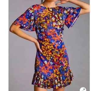 Anthropologie ruffled satin mini dress. Worn only once. Size US 4/UK 6.